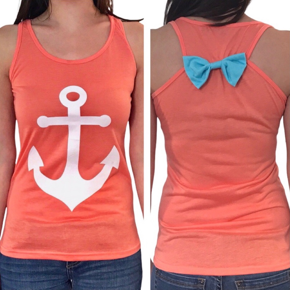 Anchor Graphic Orange White Tank Top Juniors Size XS With Blue Bow Detail
